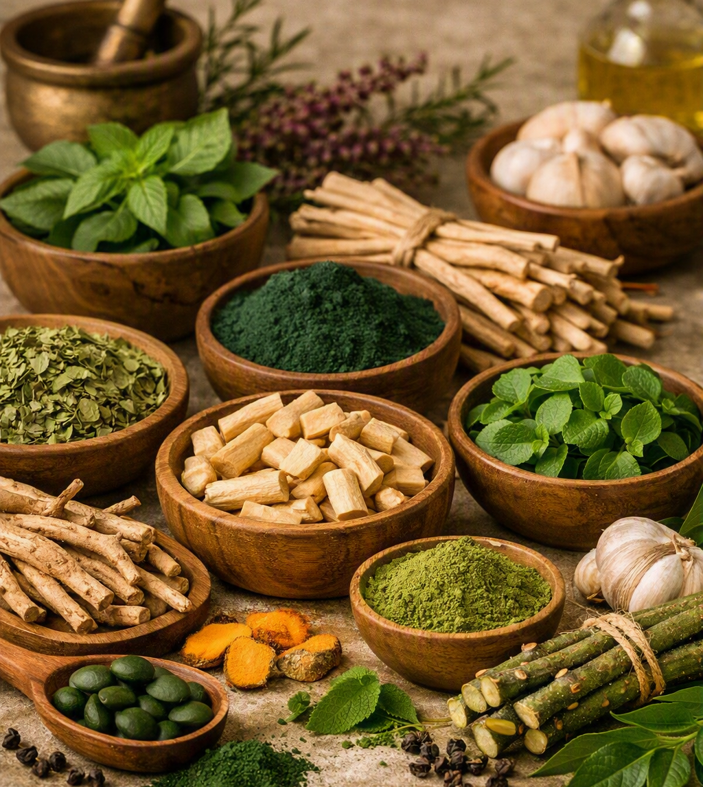 Bowls of ashwagandha root, tulsi leaves, and other adaptogenic herbs