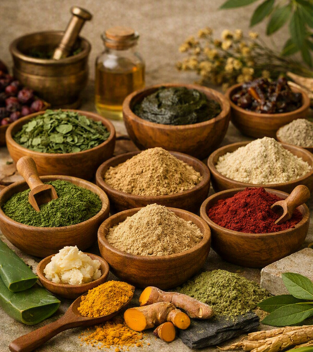 Bowls of colorful botanical powders and herbs