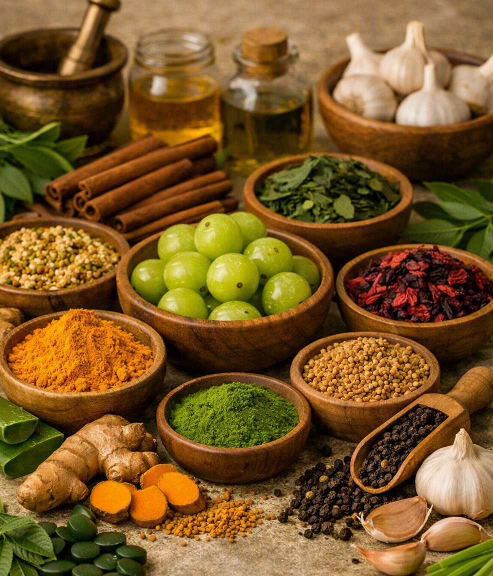 Bowls of turmeric, amla, ginger, cinnamon, garlic, and other botanical wellness ingredients