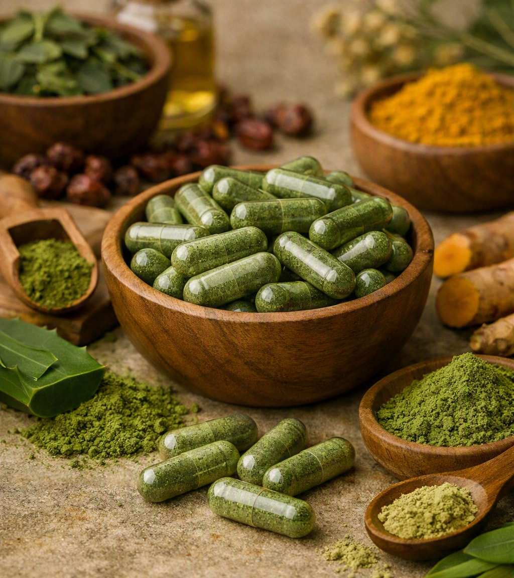 Bowl of green herbal supplement capsules