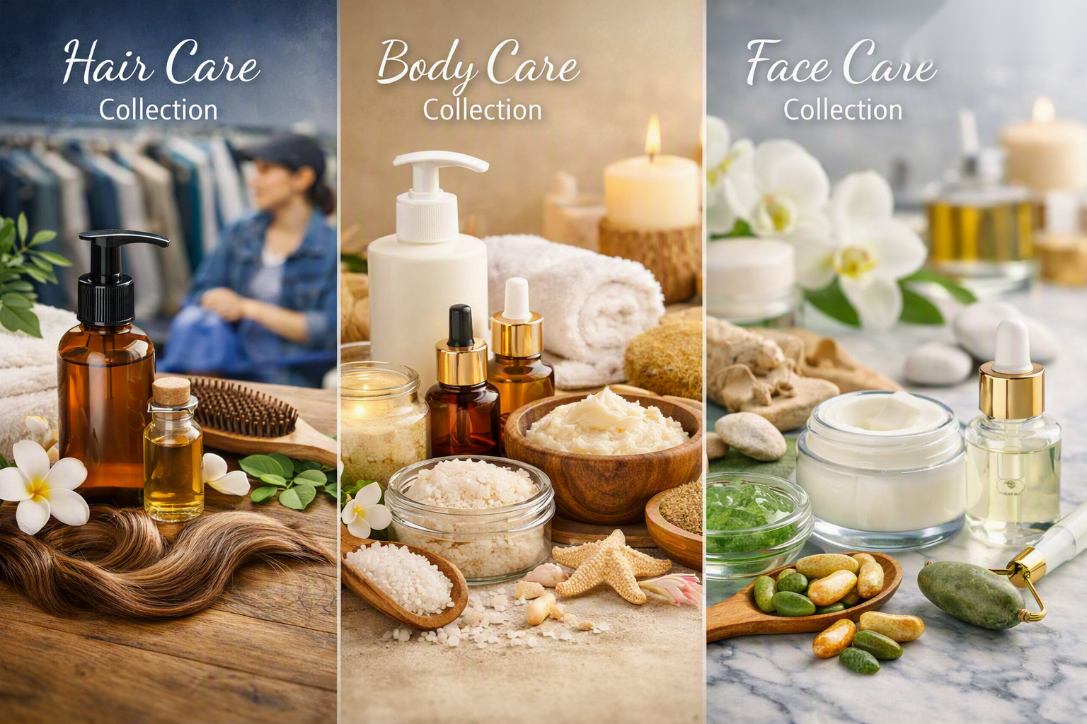 Hair Care, Body Care, and Face Care product collections