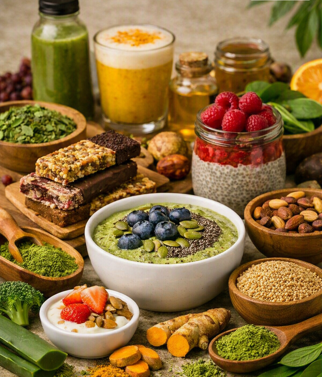 Functional foods spread including smoothie bowl, juices, and energy bars