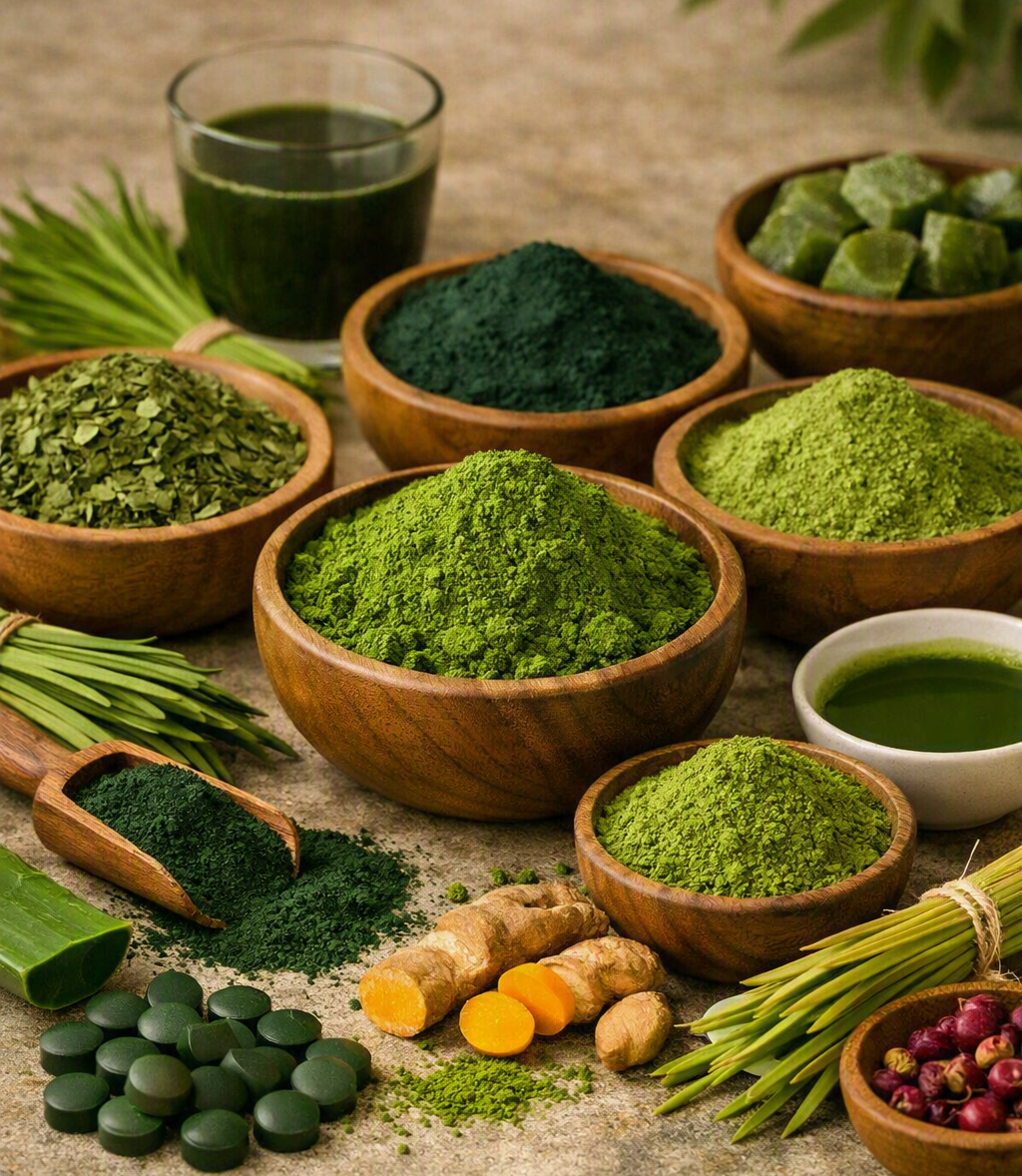 Bowls of green superfood powders including moringa and spirulina
