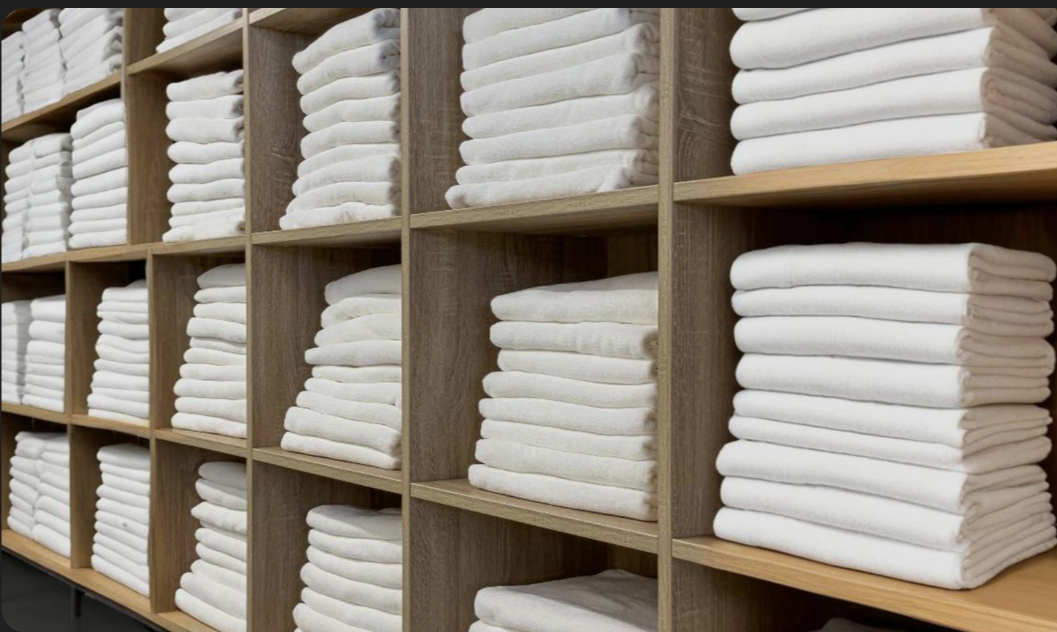 Folded white hotel linens stacked on shelves