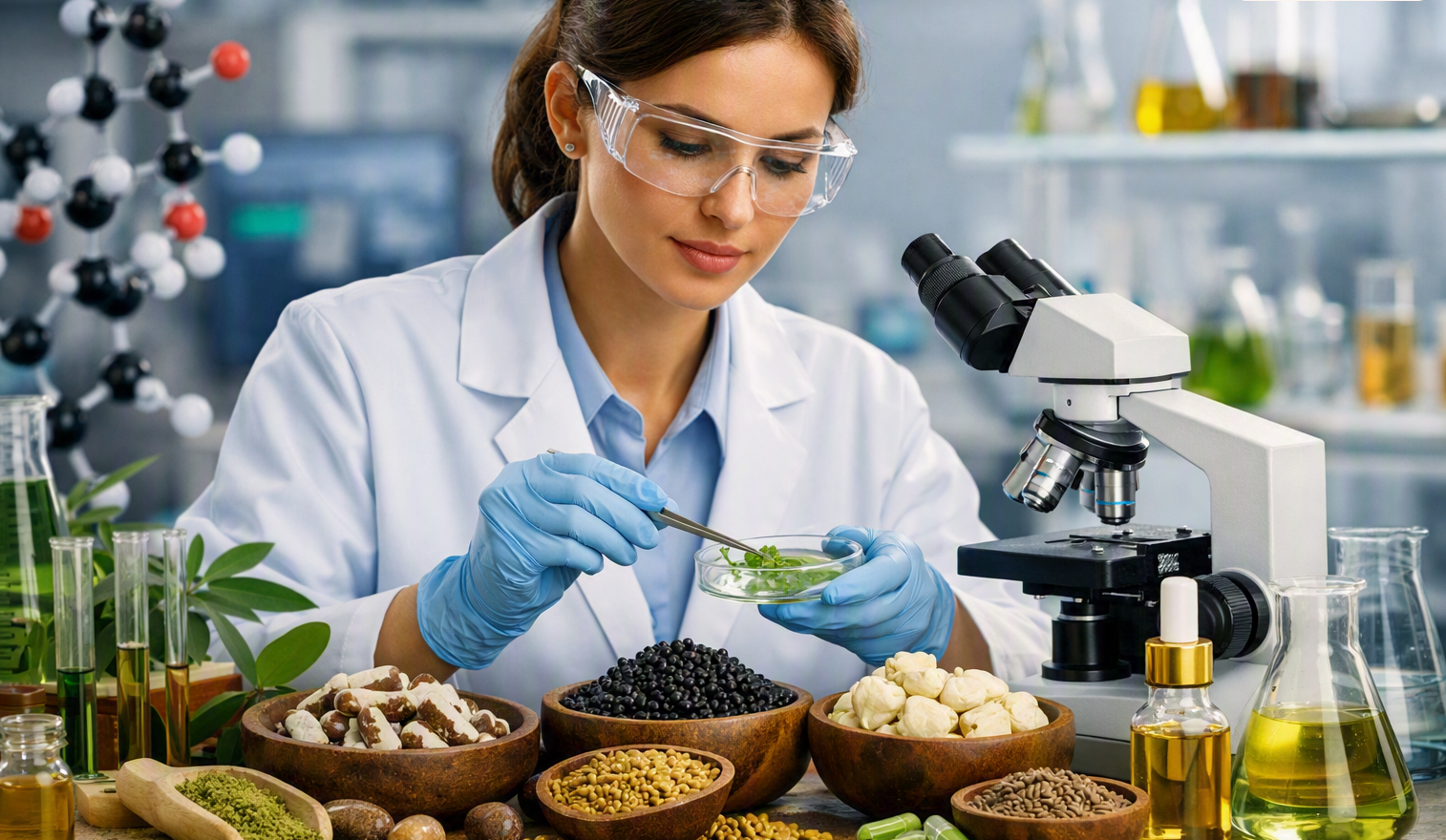 Scientist examining botanical raw materials in a quality control laboratory
