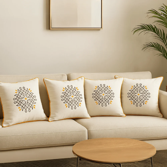 Embroidered cushion covers on a sofa