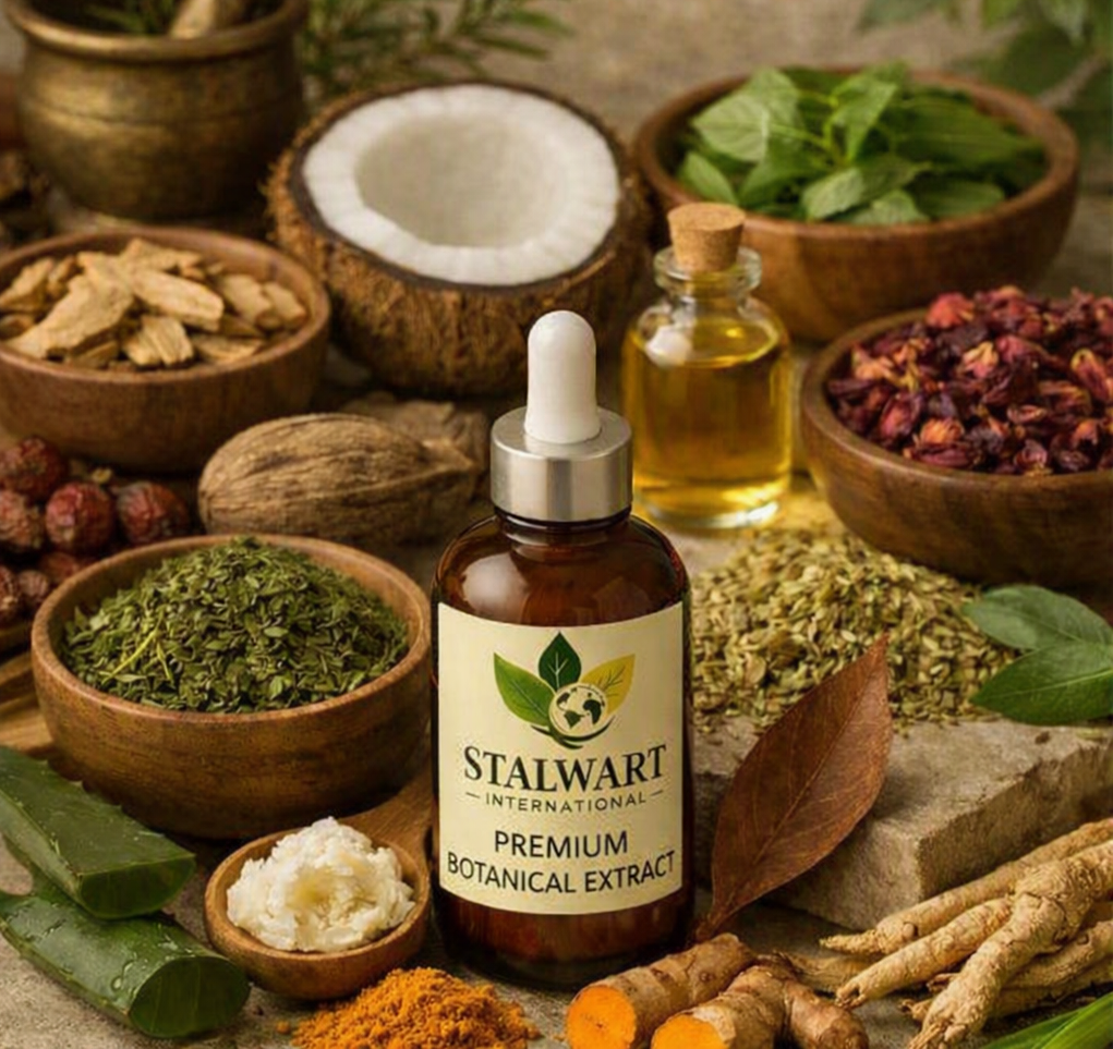 Stalwart International premium botanical extract bottle surrounded by botanical ingredients
