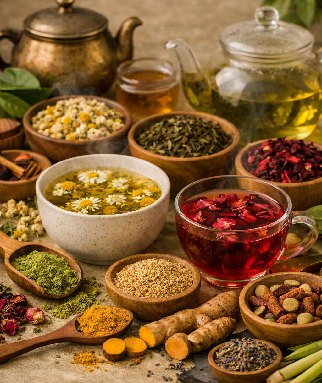 Assorted herbal teas with dried flowers and botanical ingredients