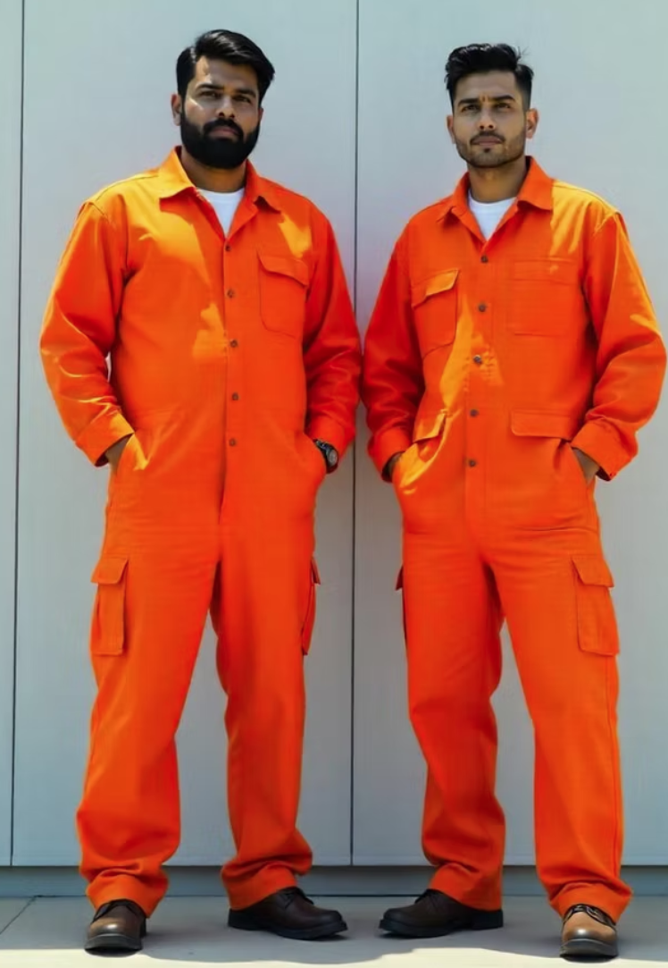 Workers wearing orange coverall uniforms