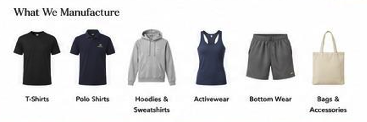 What We Manufacture - T-Shirts, Polo Shirts, Hoodies, Activewear, Bottom Wear, Bags